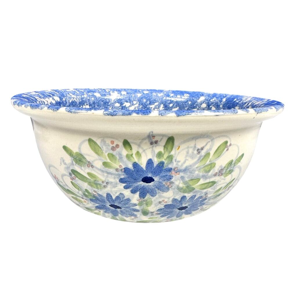 East Texas Pottery Blue Floral Spongeware 11" Mixing Serving Bowl-Excellent!